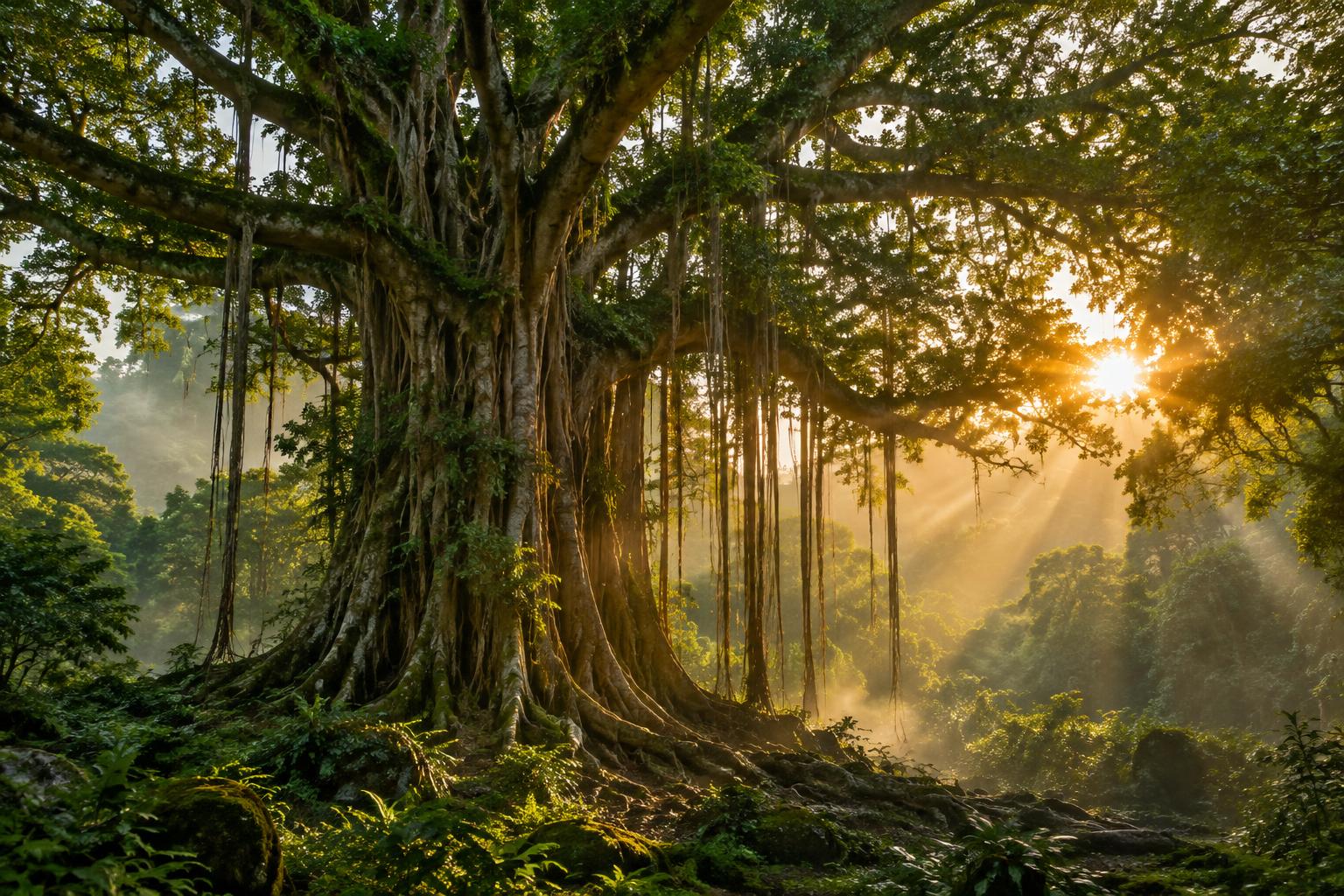 Ancient banyan tree in golden light